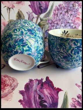 2 Lilly Pulitzer Blue Green Floral Ceramic Coffee Mug